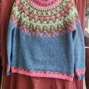 Hand Knit? Women's  Sweater In Gorgeous Colors Of Blue, Green & Pink